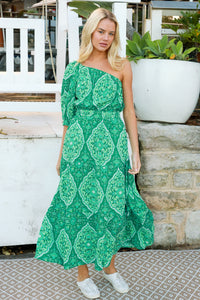 Luisa-Green One Shoulder Maxi Dress