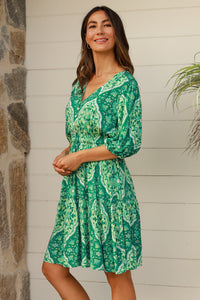 Luisa-Green V-Neck Mini Dress