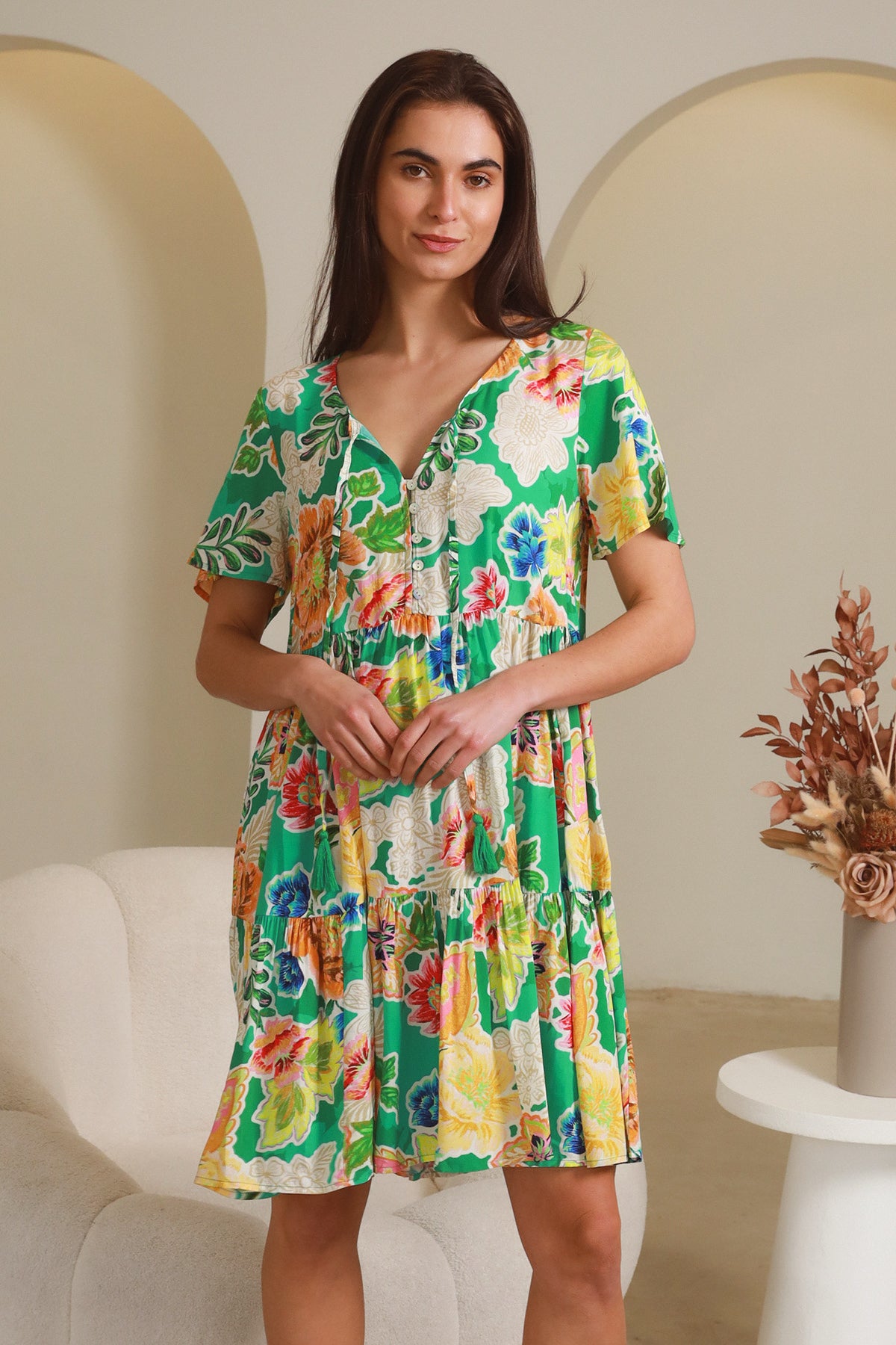 Kianna Green V-Neck Mini Dress